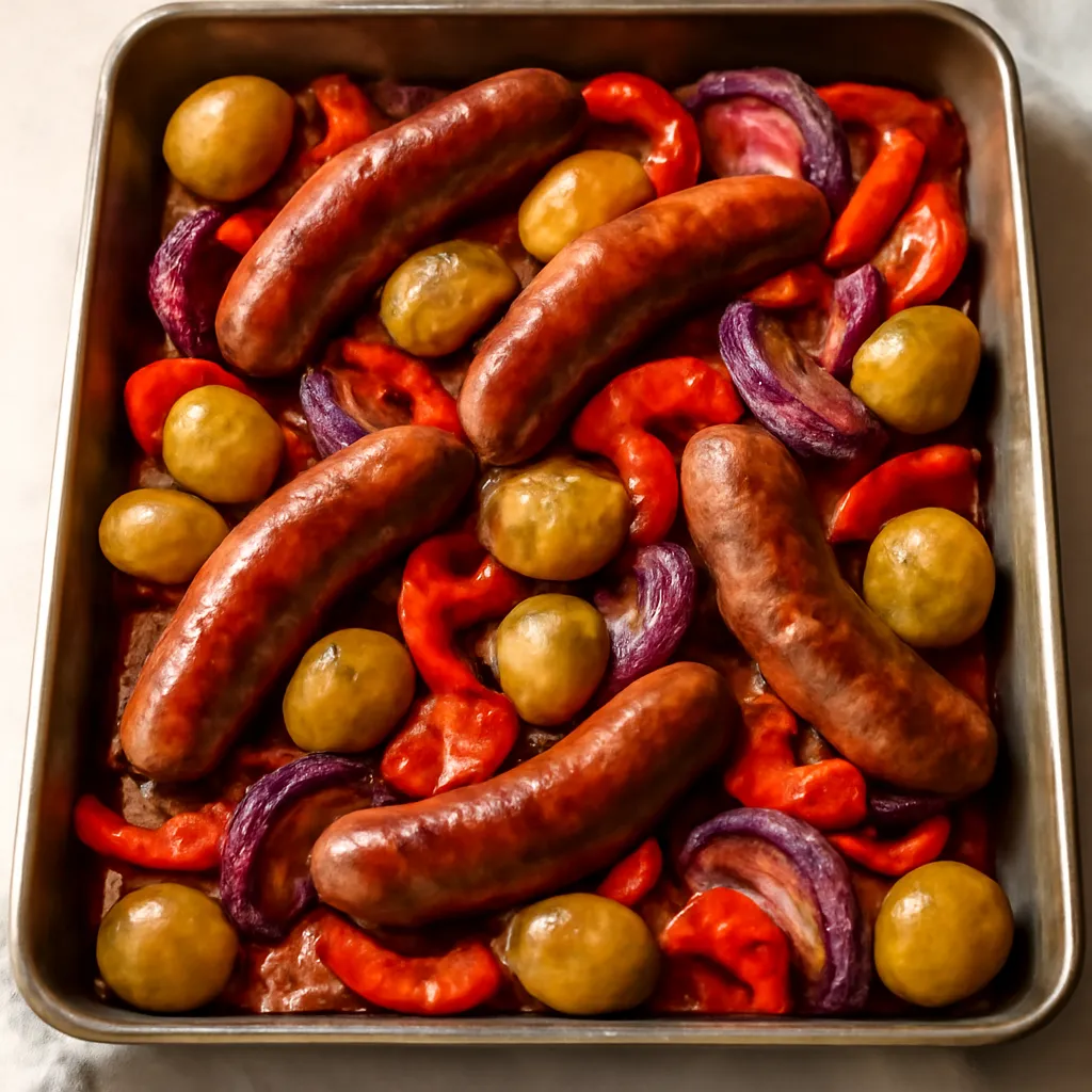 Sausage and vegetable traybake with golden sausages, potatoes, peppers and red onion