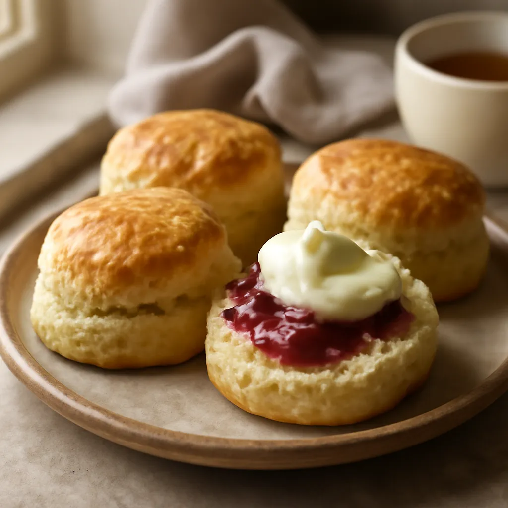 Golden split scones topped with strawberry jam and clotted cream on a ceramic plate with tea nearby