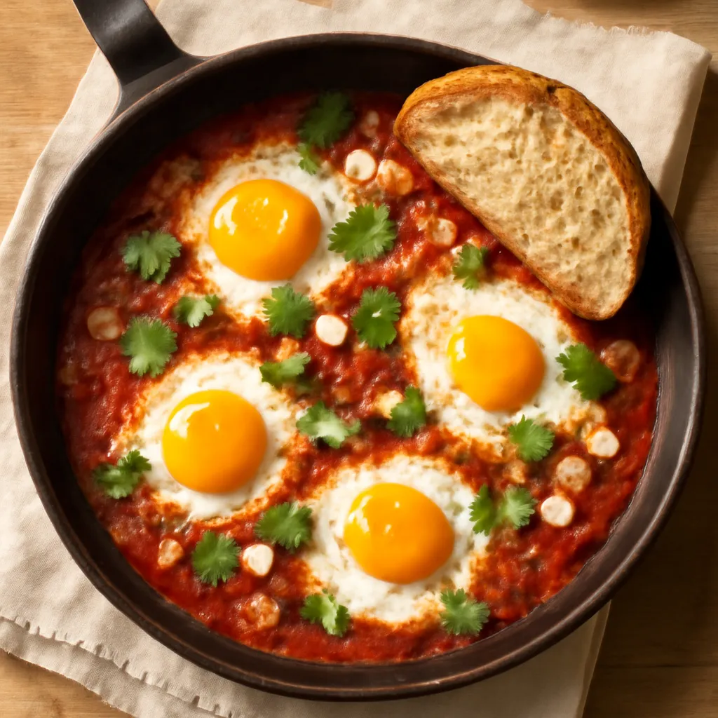 Overhead cast-iron pan of shakshuka with eggs poached in spiced tomato sauce, topped with coriander and feta