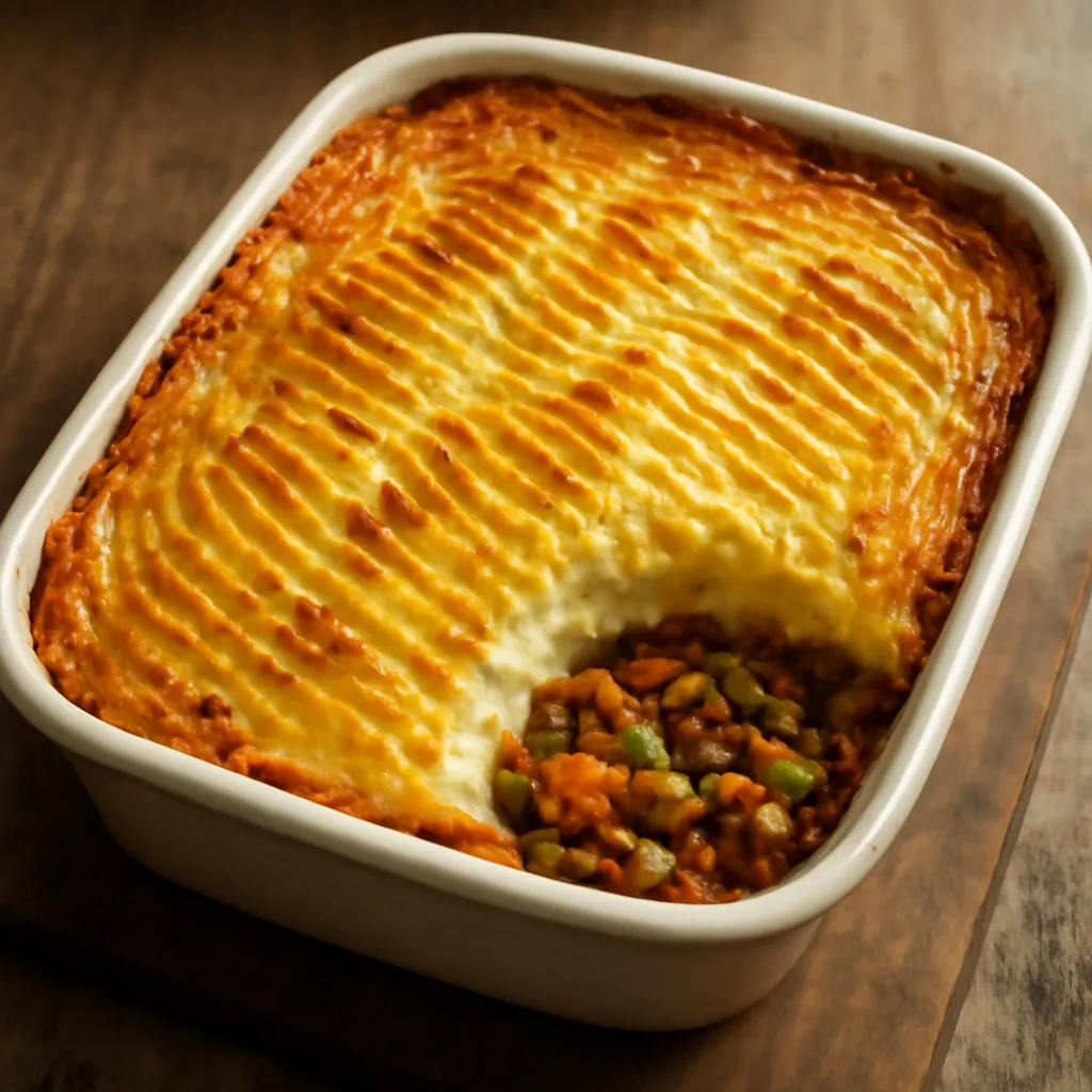 Shepherd's pie with golden forked mash topping in a baking dish