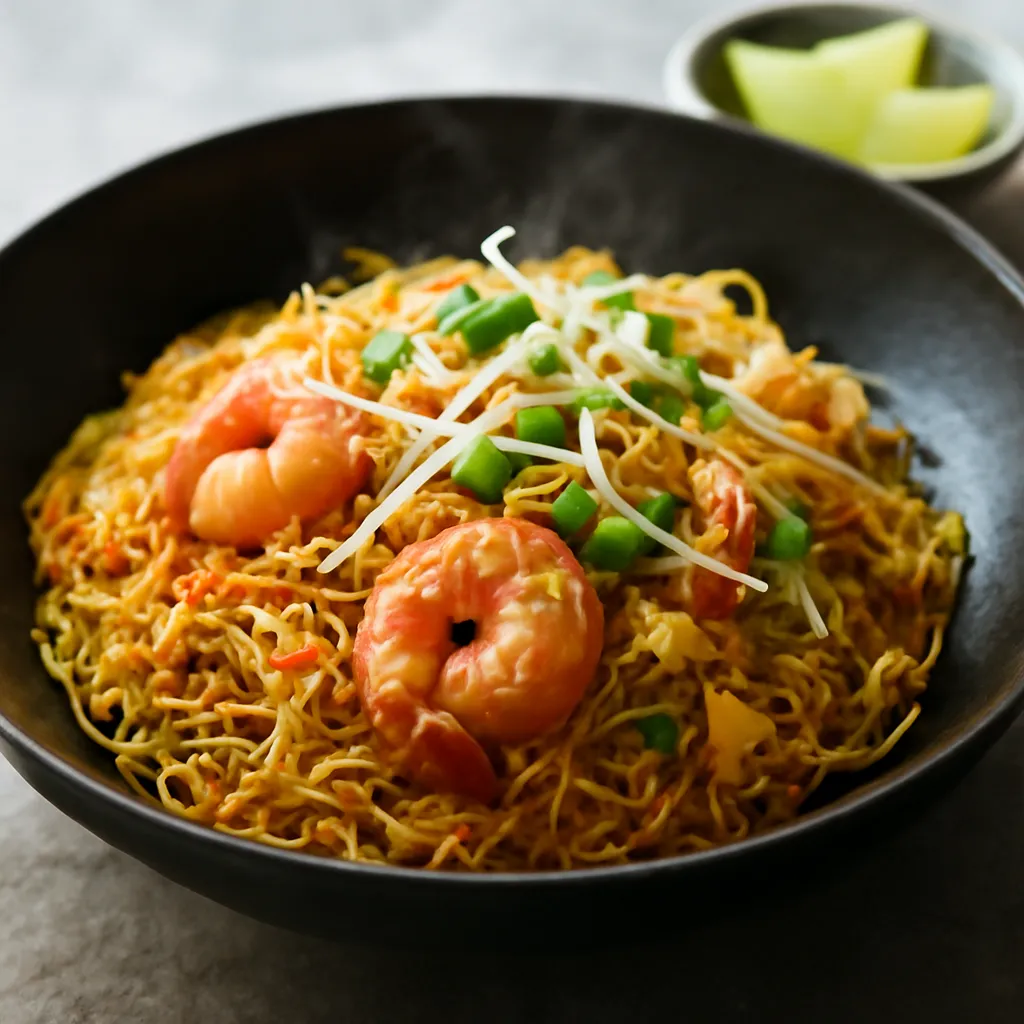 Golden curry-spiced Singapore noodles with pink prawns, egg ribbons, red pepper and spring onion in a dark bowl