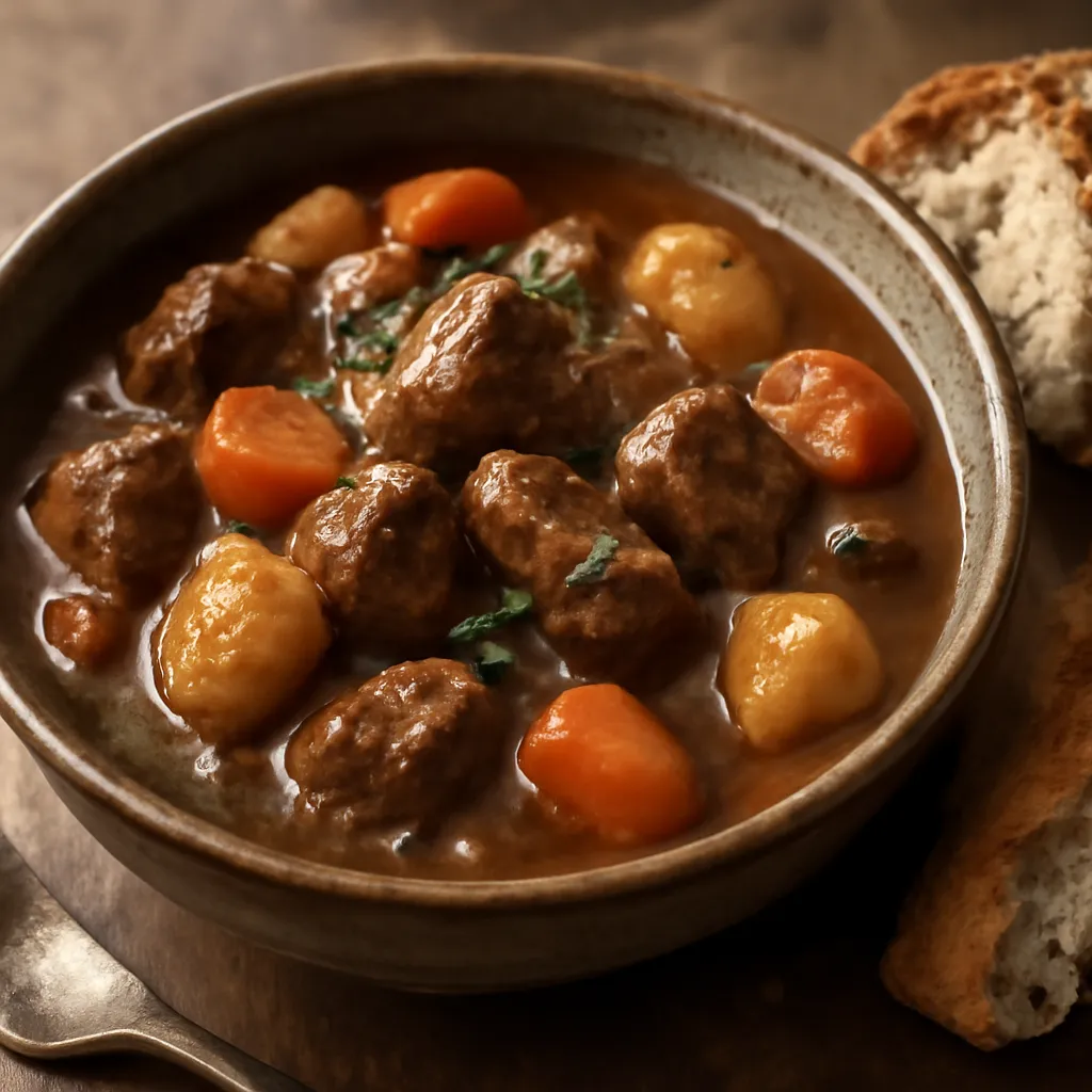Rich slow cooker beef stew with tender chunks of beef and vegetables in a bowl