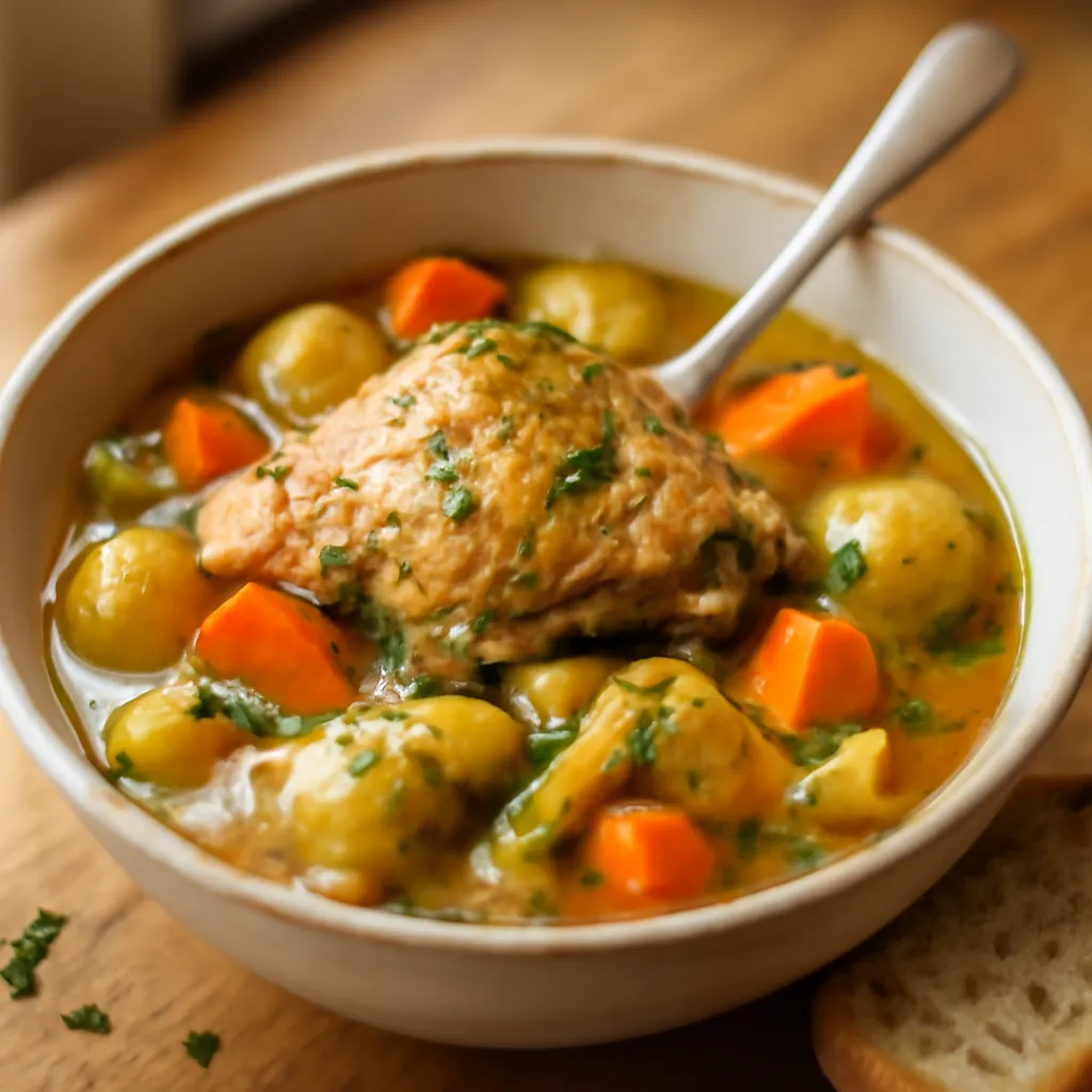 Bowl of slow cooker chicken casserole with tender chicken, carrots, leeks and potatoes in a herby gravy.