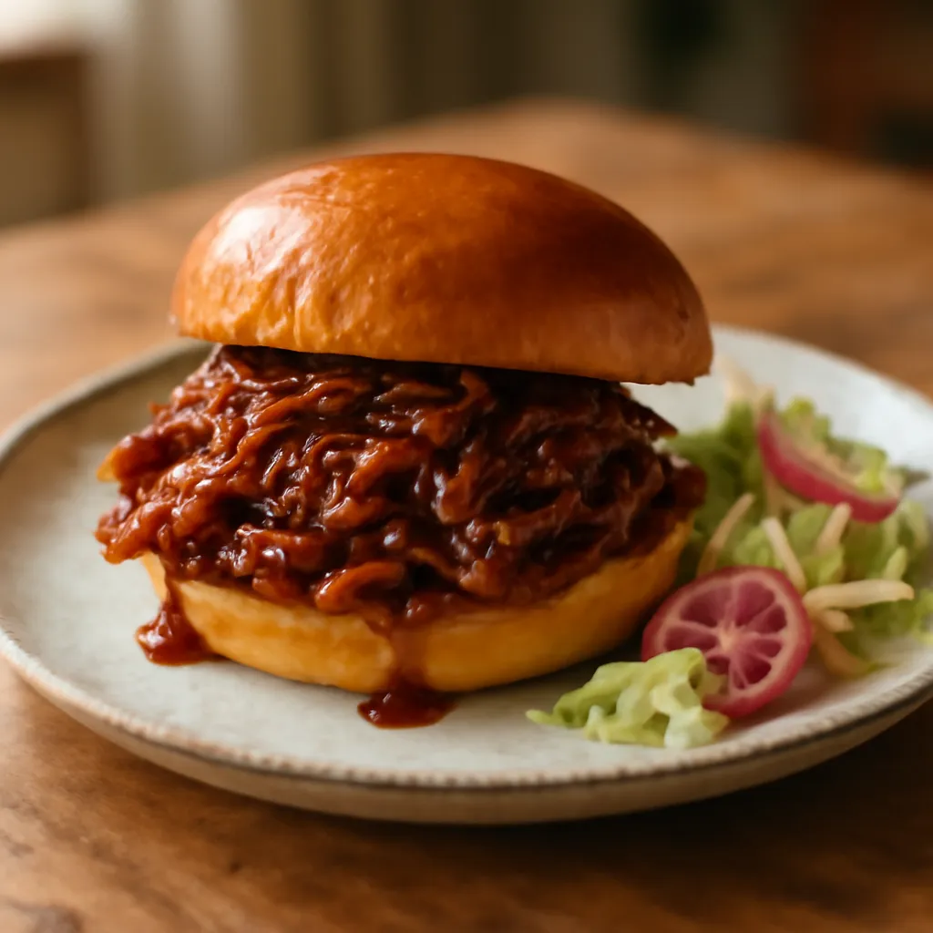 Shredded BBQ pulled pork in a soft brioche bun with apple slaw and pickled red onions on a rustic plate.