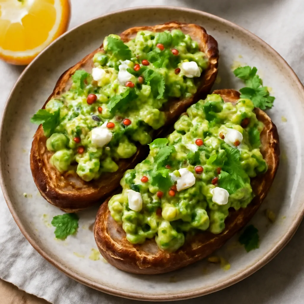 Smashed avocado on golden sourdough toast topped with crumbled feta, chilli flakes and fresh coriander