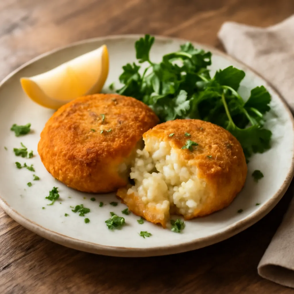 Two crisp golden smoked haddock fishcakes on a plate with lemon, parsley and watercress, one broken open.