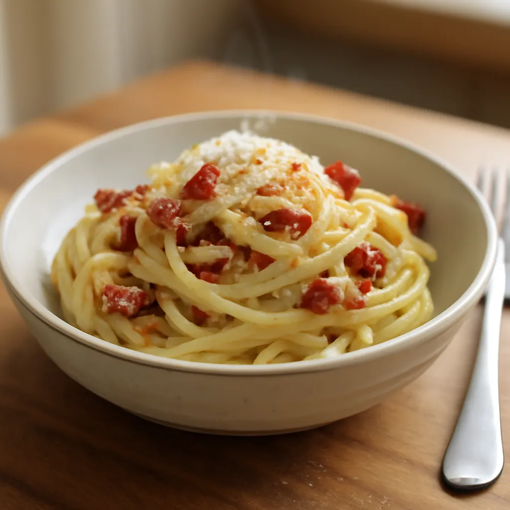 Bowl of glossy spaghetti carbonara with crispy bacon, grated Parmesan and cracked black pepper