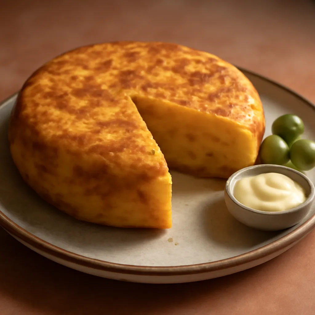 Golden Spanish tortilla de patatas with a wedge cut to show soft potato layers and a just-set centre