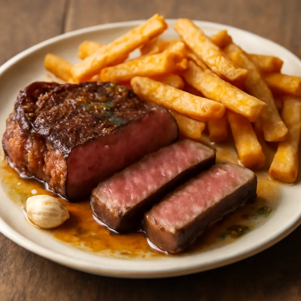 Sliced seared sirloin steak with a pink centre and a pile of golden crispy homemade chips on a plate