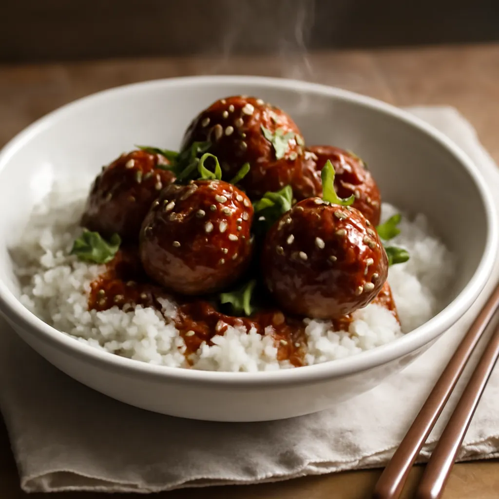Sticky pork meatballs in a glossy honey-soy glaze on steamed rice, topped with sesame seeds and spring onions.
