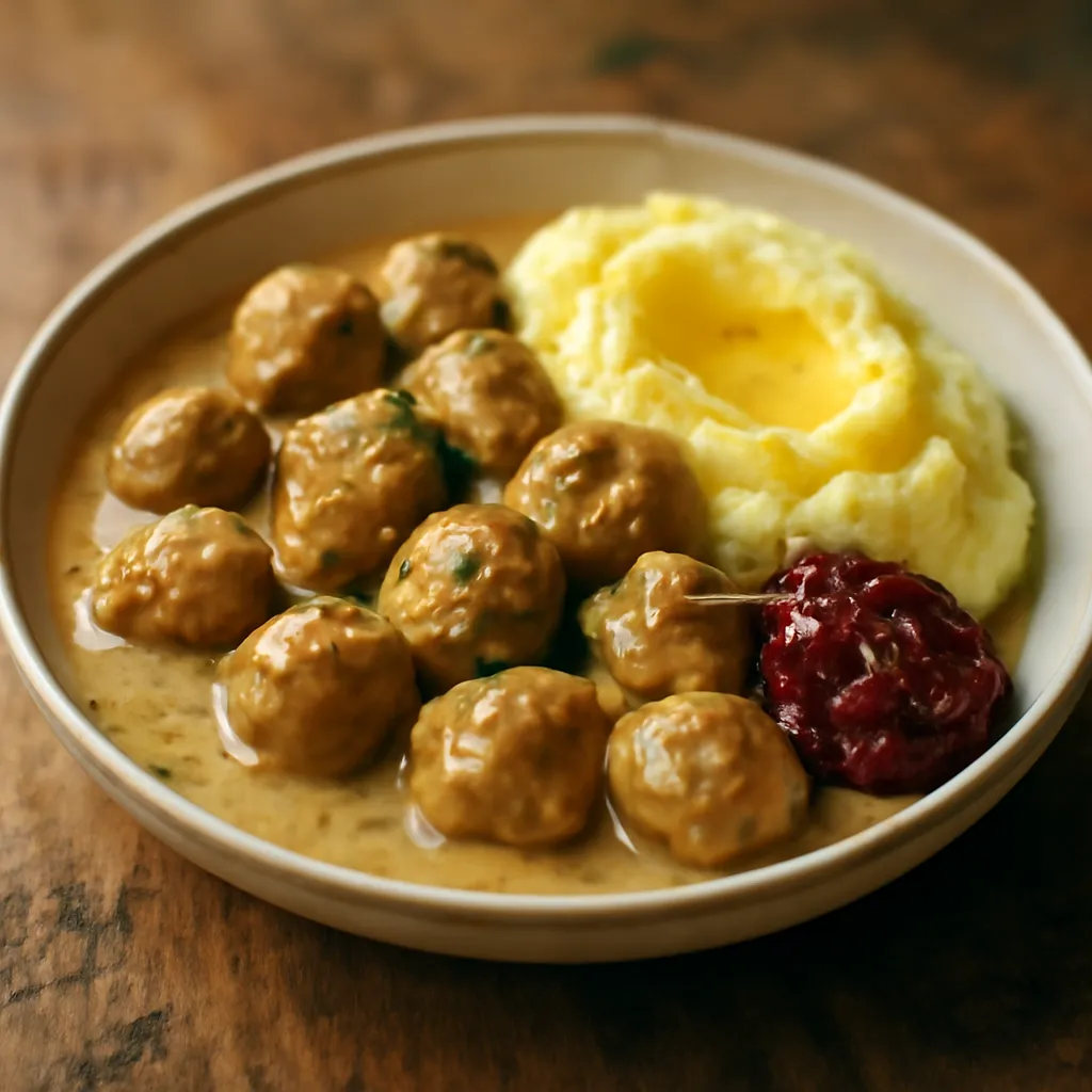 Swedish meatballs in creamy gravy with mashed potato and a spoonful of red lingonberry jam