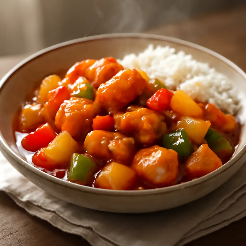 Golden crisp sweet and sour chicken with peppers, onion and pineapple in a glossy sauce over white rice