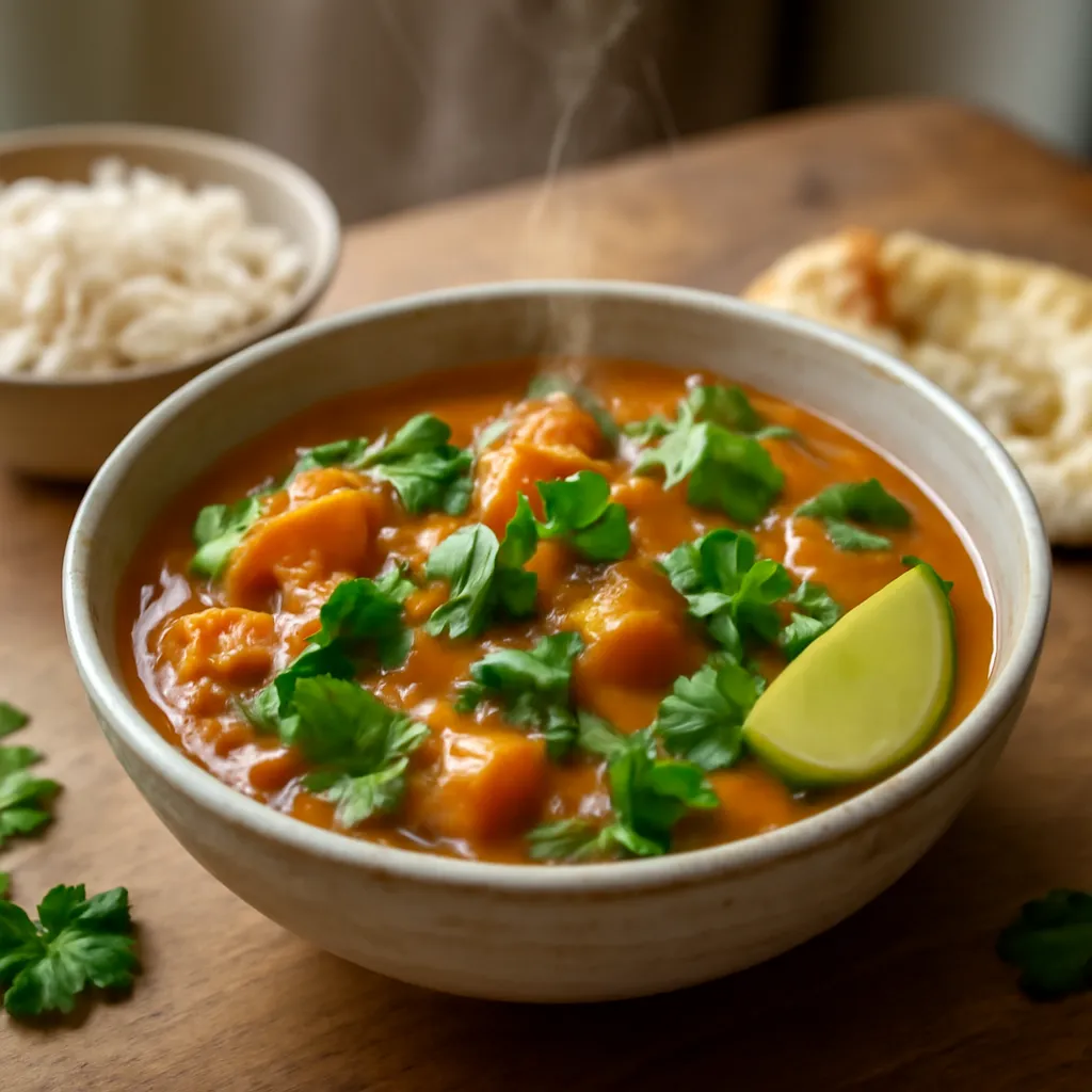Bowl of creamy sweet potato curry with spinach and coriander, served with rice and naan on a wooden table.