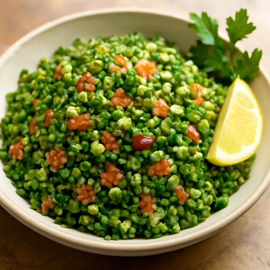 Bowl of bright green tabbouleh with finely chopped parsley, diced tomato, bulgur and a lemon wedge