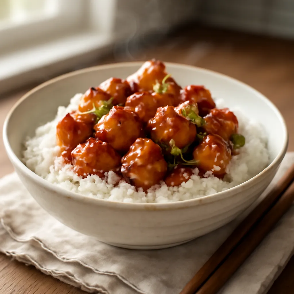 Sticky glazed teriyaki chicken over white rice, topped with spring onions and sesame seeds in a pale bowl.