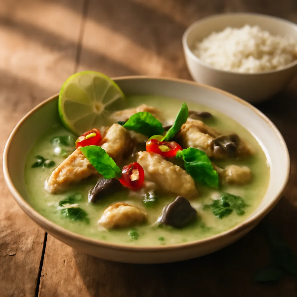 Bowl of Thai green chicken curry with basil, red chilli and a lime wedge, served with jasmine rice.