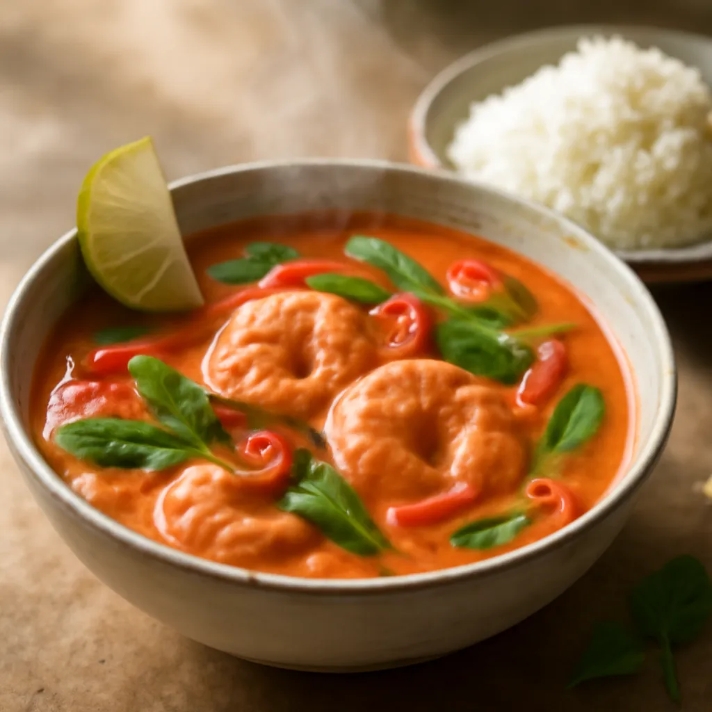 Bowl of Thai red prawn curry with coconut sauce, prawns, red pepper, Thai basil and a lime wedge, beside jasmine rice.