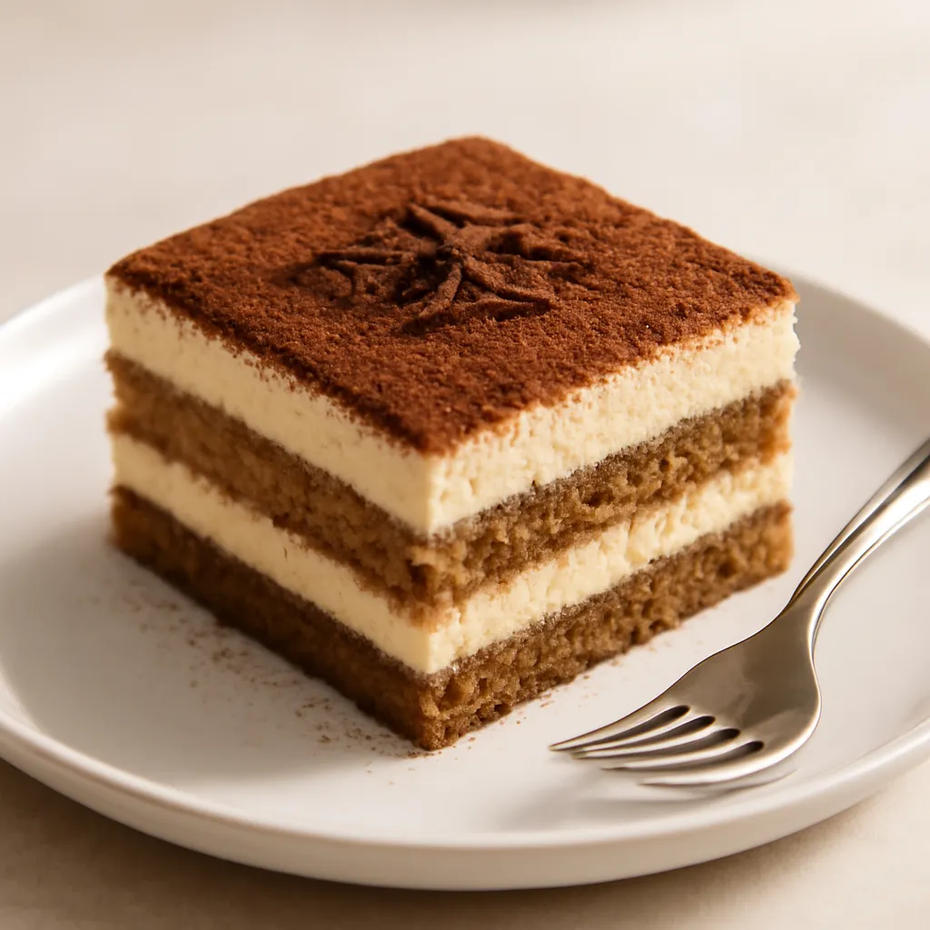 Square slice of classic tiramisu with layered coffee sponge and mascarpone cream dusted with cocoa on a white plate