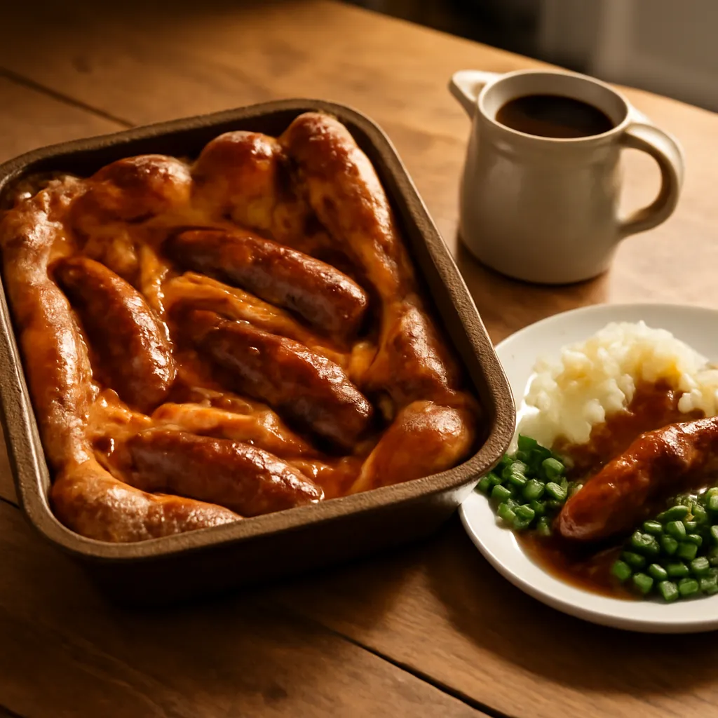 Golden risen toad in the hole with pork sausages in a roasting tin, served with onion gravy, mash and peas.