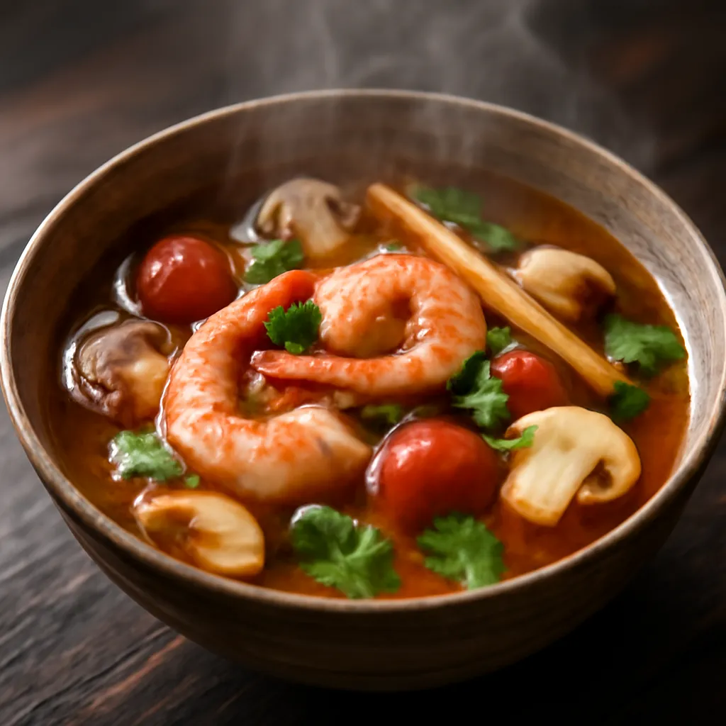Bowl of Thai tom yum prawn soup with mushrooms, tomatoes, chilli and coriander in a fragrant clear broth