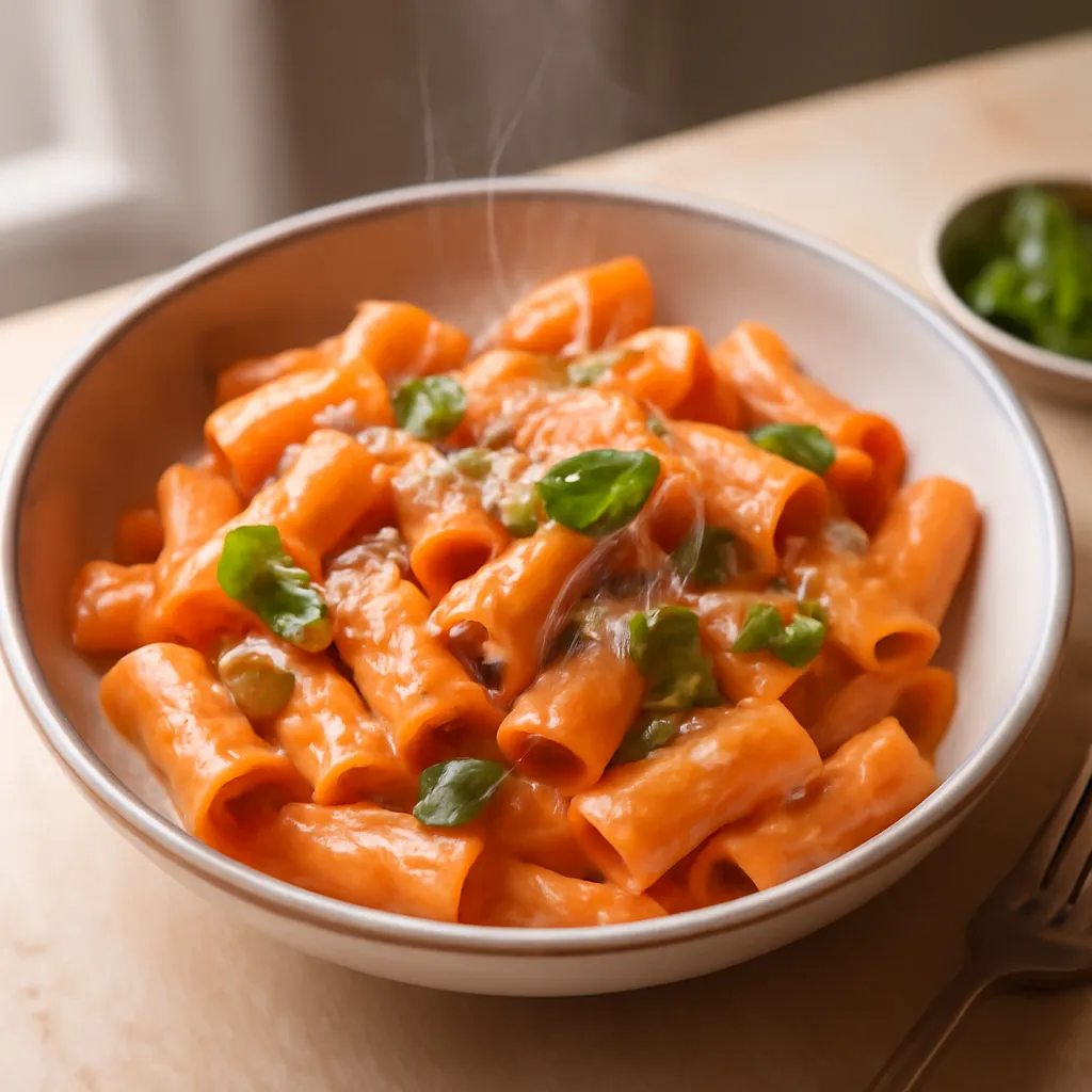 Bowl of creamy tomato and mascarpone rigatoni topped with fresh basil and grated Parmesan