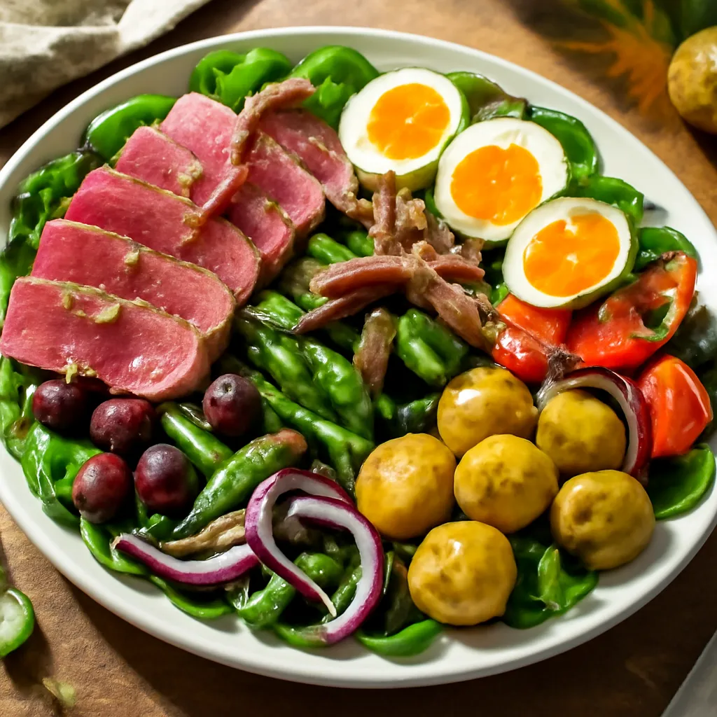 Tuna Nicoise salad platter with seared pink tuna, jammy eggs, green beans, olives, tomatoes and new potatoes