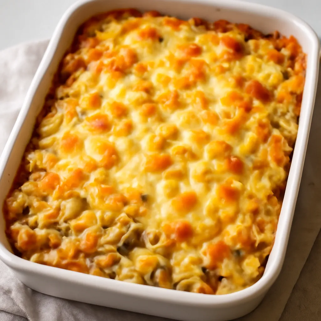 Golden tuna pasta bake with melted cheese on top in a baking dish