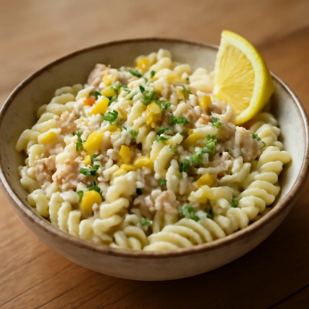 Bowl of creamy tuna and sweetcorn fusilli pasta topped with parsley and grated cheese