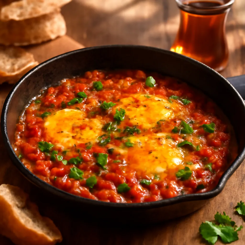 Skillet of Turkish menemen with soft eggs, tomatoes, green peppers and parsley, served with bread and tea.