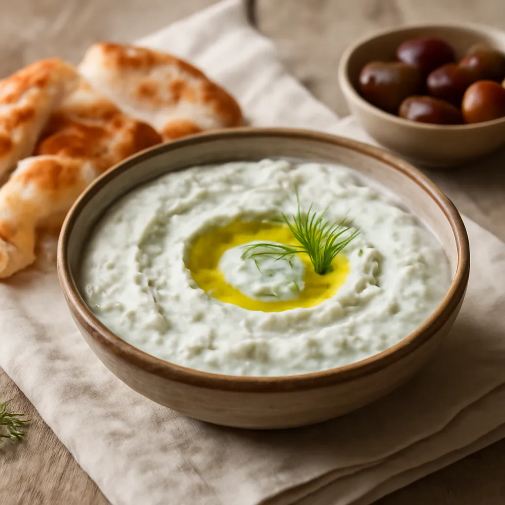 Bowl of thick homemade tzatziki topped with dill and olive oil, with warm flatbread and olives alongside