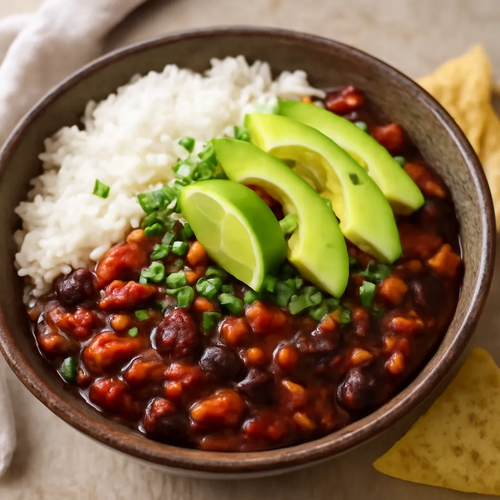 Bowl of thick vegan bean chilli topped with avocado, coriander and lime, served with rice and tortilla chips.
