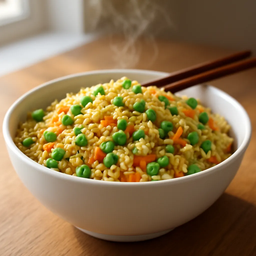 White bowl of vegetable fried rice with peas, carrot, sweetcorn, egg and spring onion, chopsticks resting on the rim.