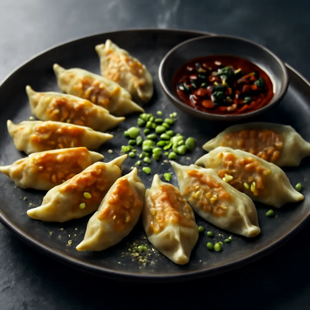Circle of crispy pan-fried vegetable gyoza with golden bases and a dish of soy-vinegar dipping sauce