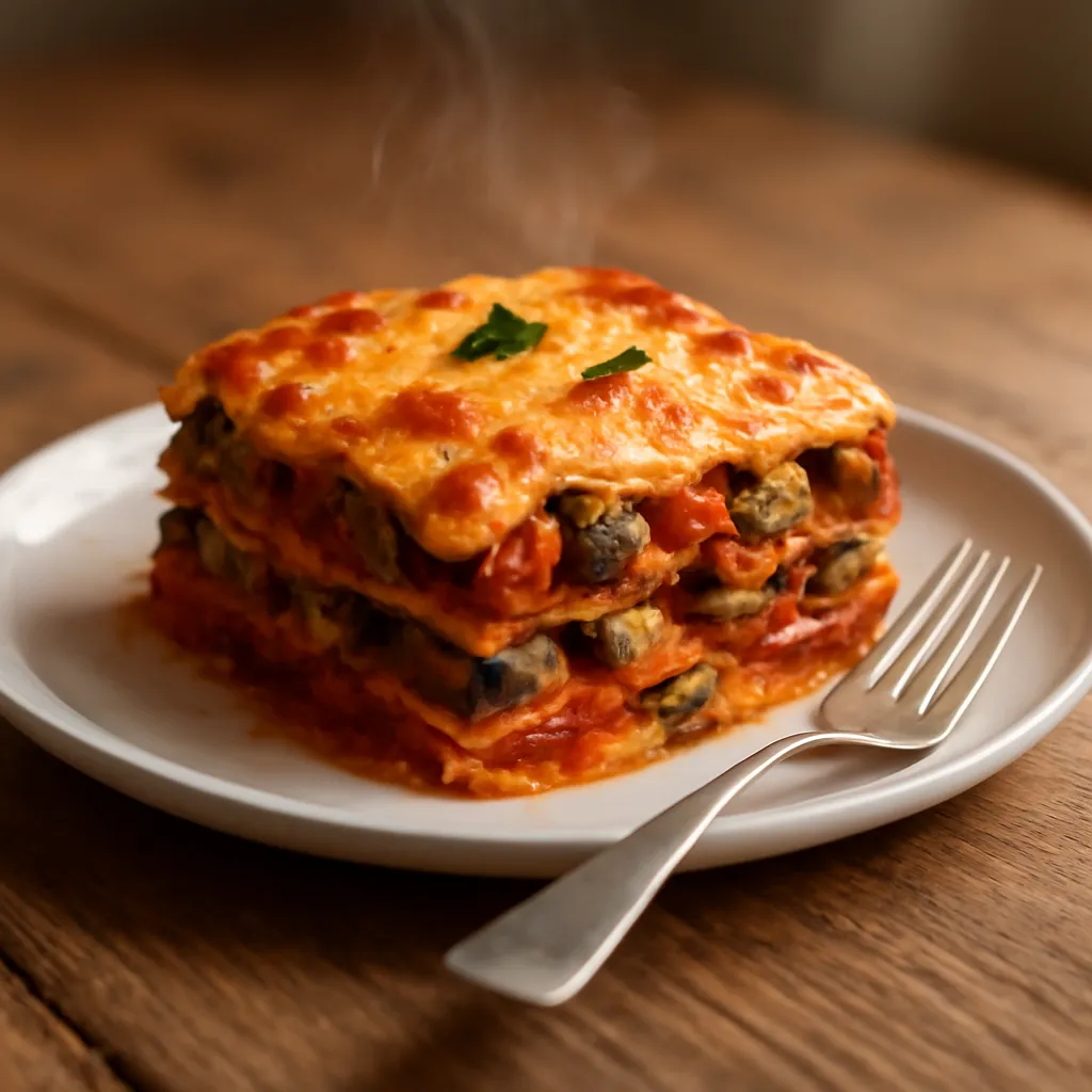 A slice of vegetable lasagne with visible roasted veg layers and a golden cheese-topped bechamel crust on a white plate.