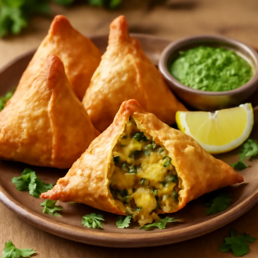 Golden crisp vegetable samosas on a plate, one broken open showing spiced potato and pea filling, with green chutney