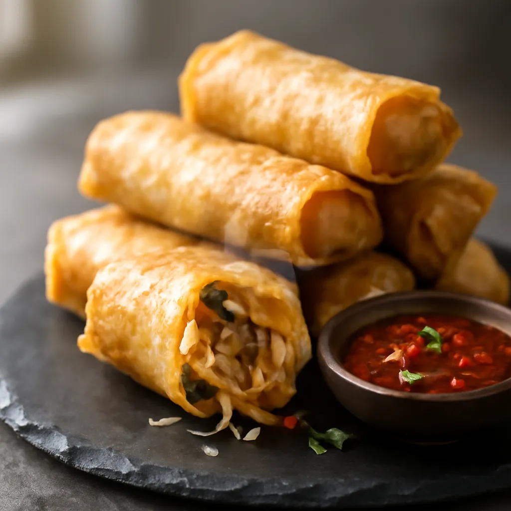 Golden crispy vegetable spring rolls stacked on a dark plate, one broken open, with a dish of sweet chilli dipping sauce