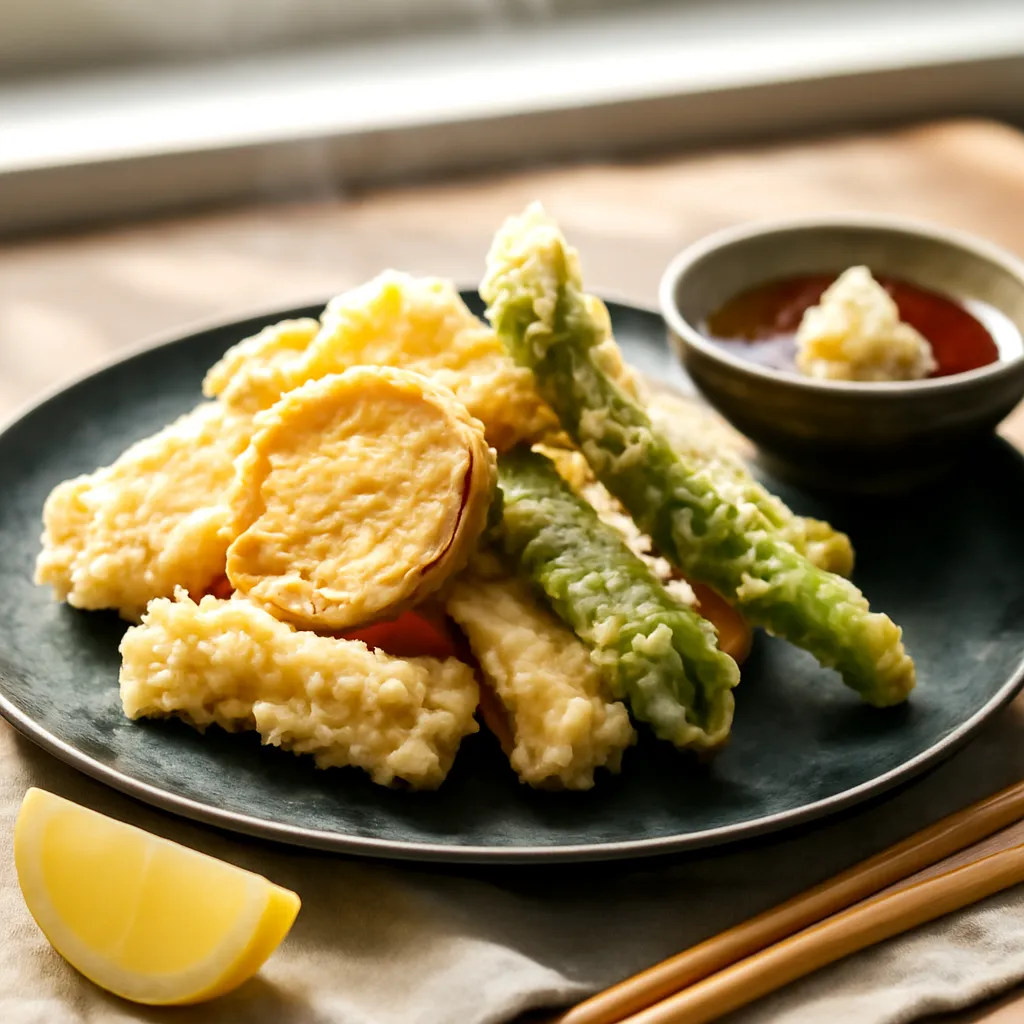 Golden crisp vegetable tempura piled on a dark plate with a bowl of tentsuyu dipping sauce and grated daikon