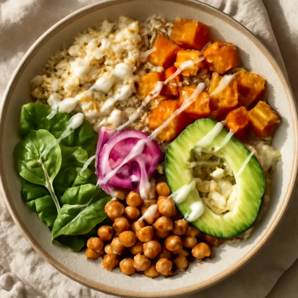 Vegetarian Buddha bowl with quinoa, roasted sweet potato, crispy chickpeas, avocado and tahini dressing
