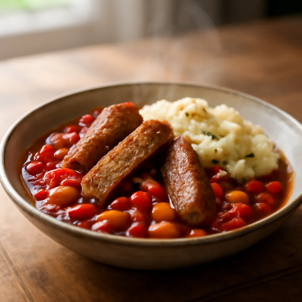 Bowl of vegetarian sausage casserole with butter beans, red peppers and smoky tomato sauce beside creamy mash
