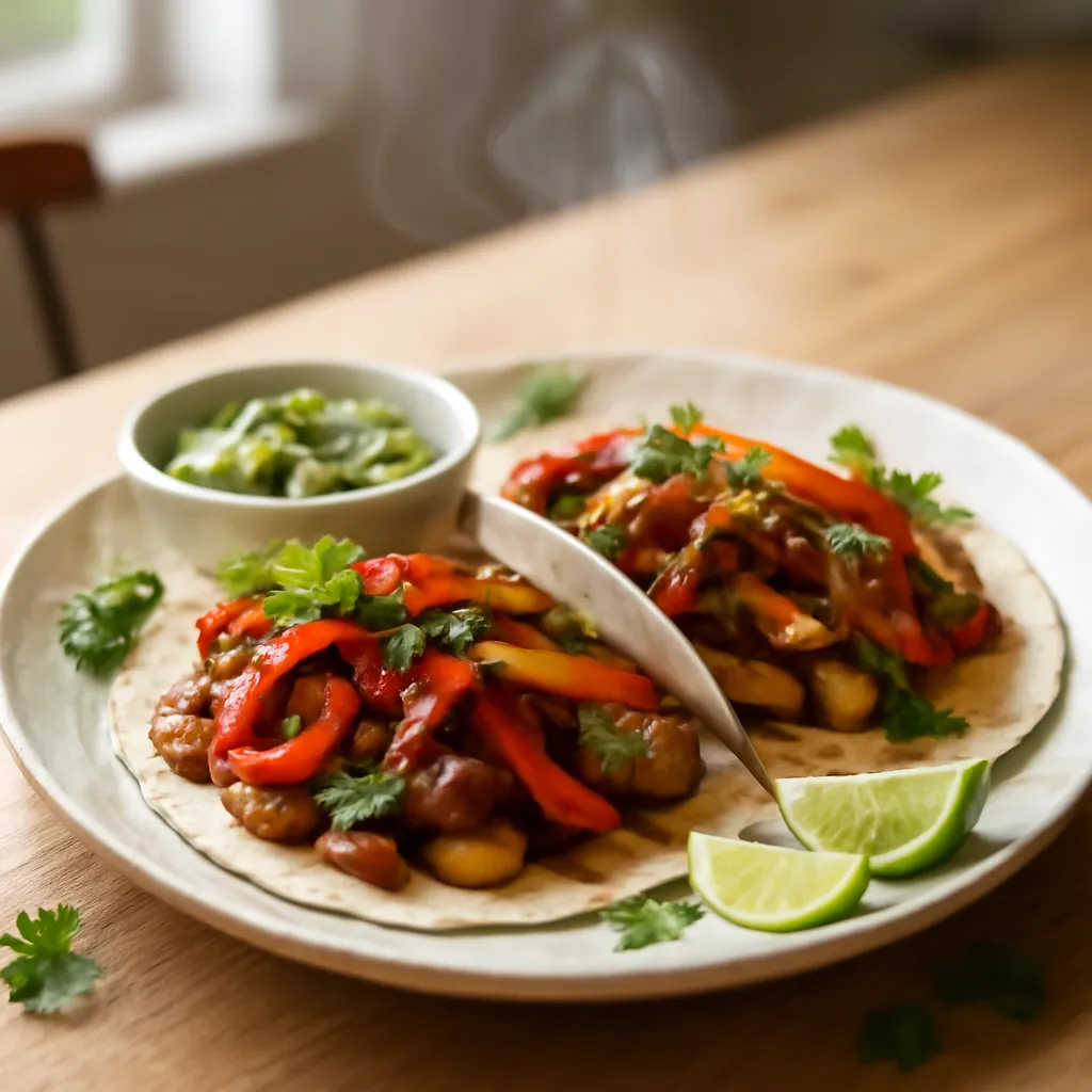 Open flour tortillas filled with charred peppers, onions and mushrooms, with guacamole, coriander and lime wedges.
