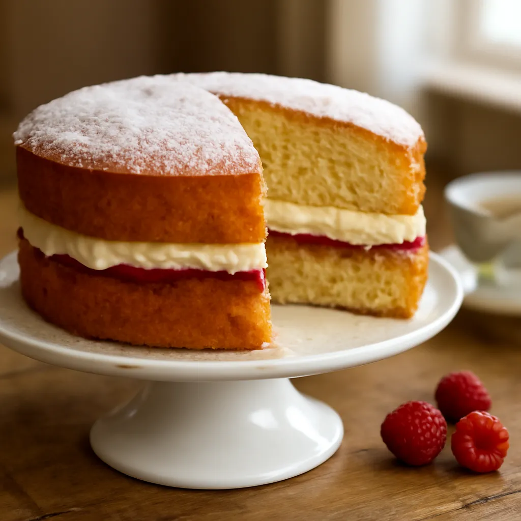 Classic Victoria sponge on a cake stand, filled with raspberry jam and cream, dusted with icing sugar, one slice cut.