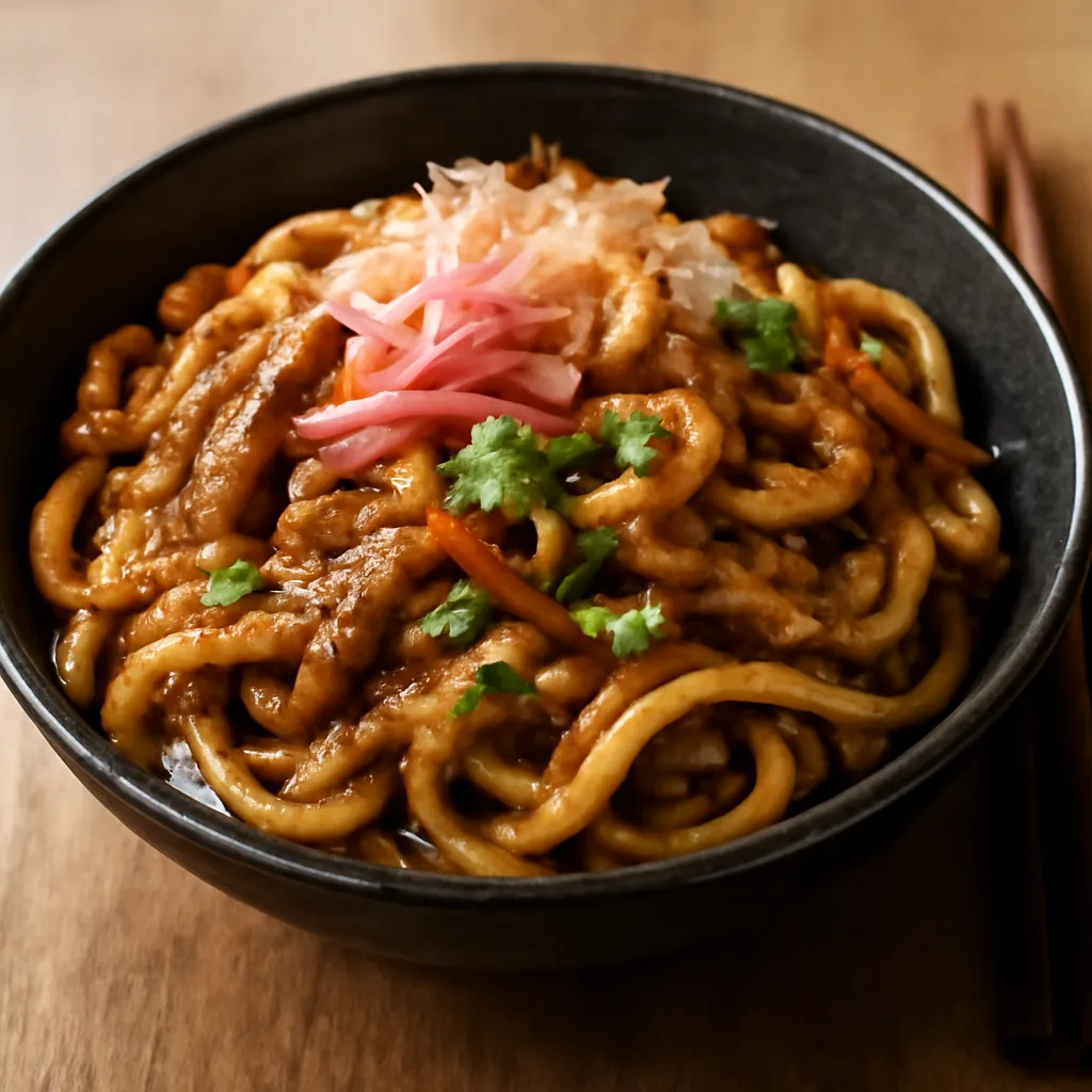 Bowl of pork yaki udon with glossy thick noodles, cabbage, carrot and spring onion topped with pickled ginger