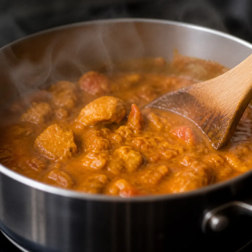 Curry steaming as it reheats in a pan