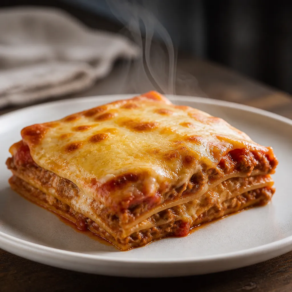 A slice of lasagne being reheated