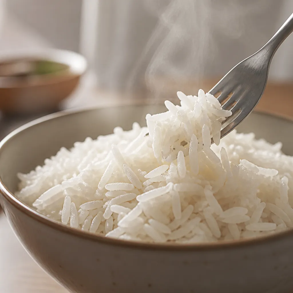 Rice being reheated in a pan with a splash of water