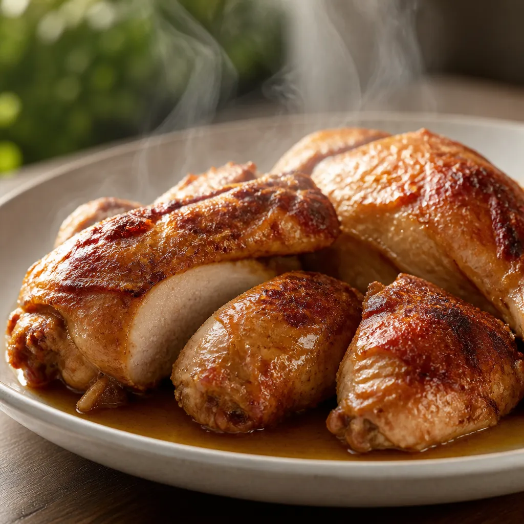 Hot roast chicken pieces with gravy