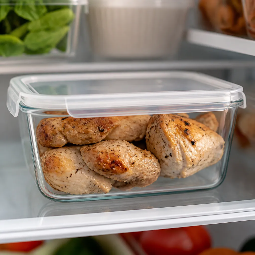 Cooked chicken stored in a covered container in the fridge