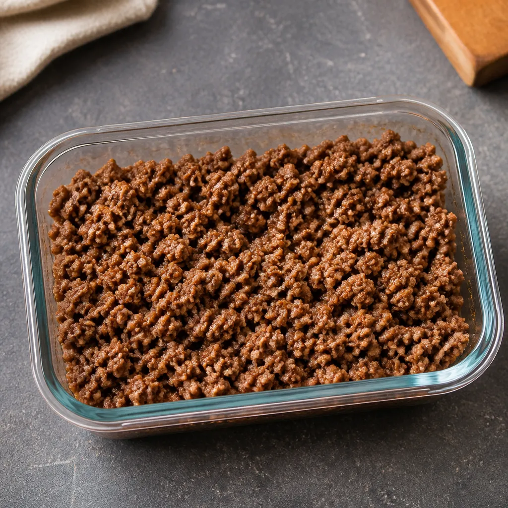 Cooked mince cooling in a storage container