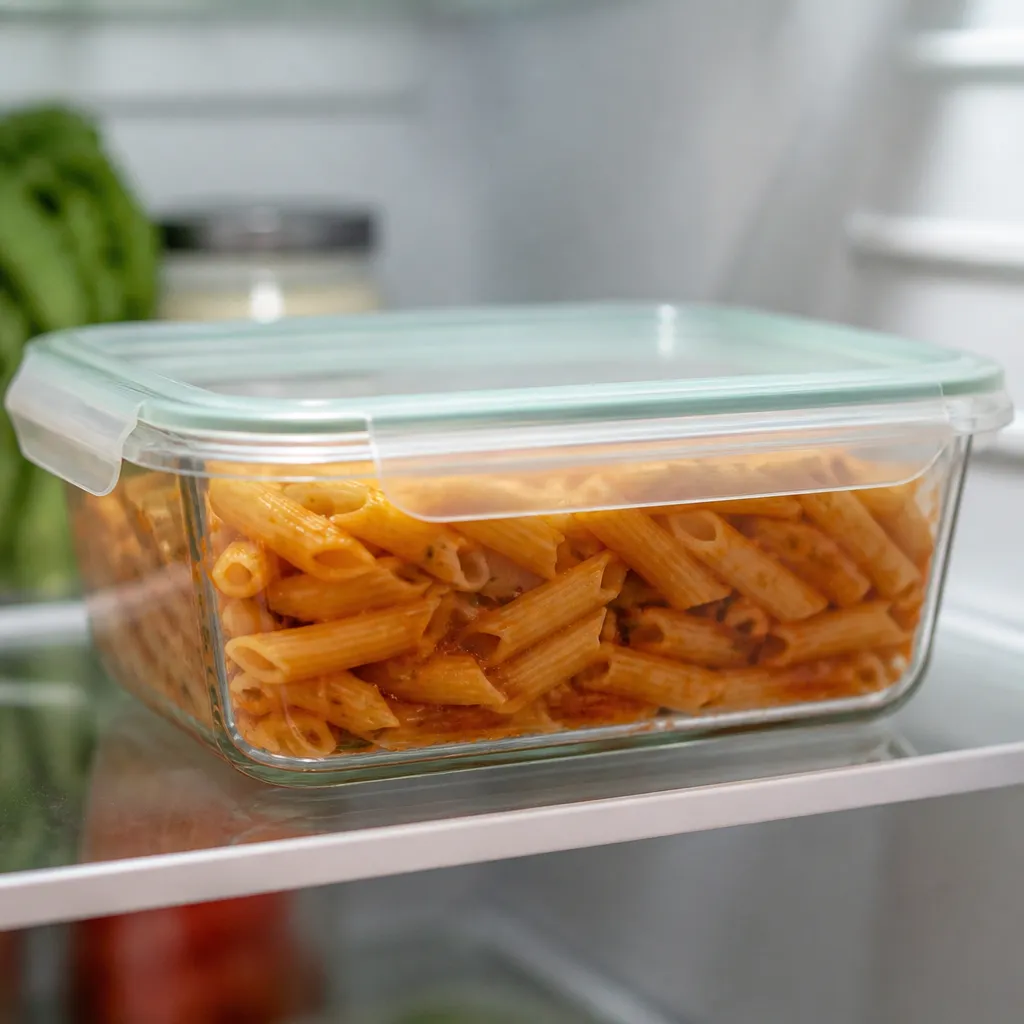 Cooked pasta stored in the fridge