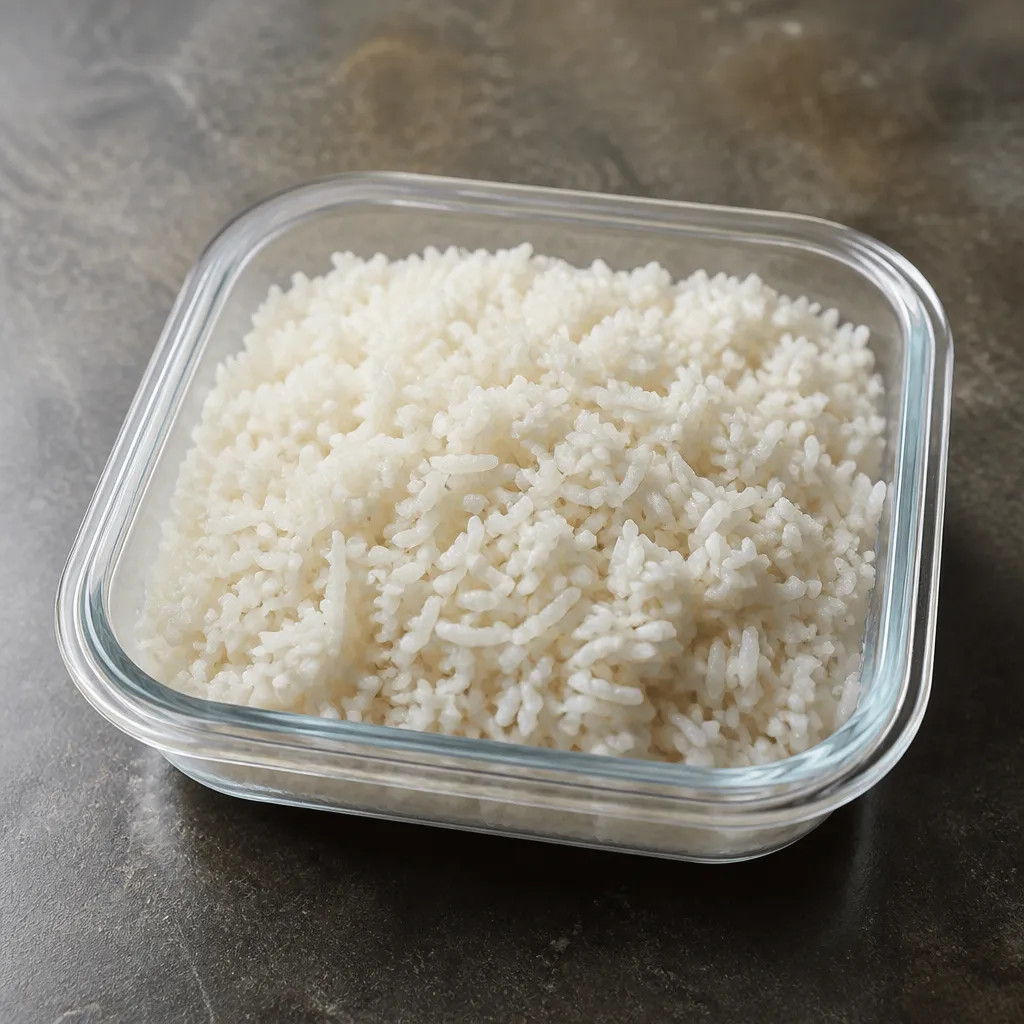 Cooked rice stored in a covered container in the fridge